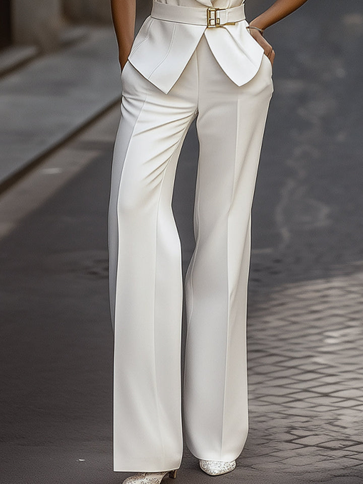 White Sleeveless Belted Pantsuit Set