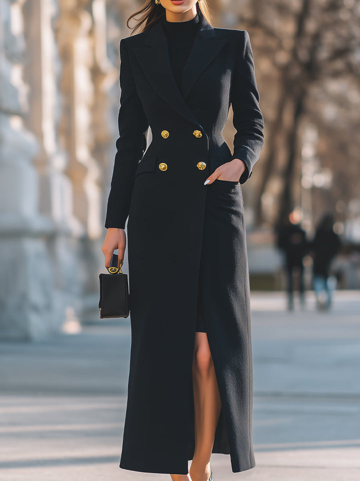 Double-Breasted Gold-Button Maxi Coat