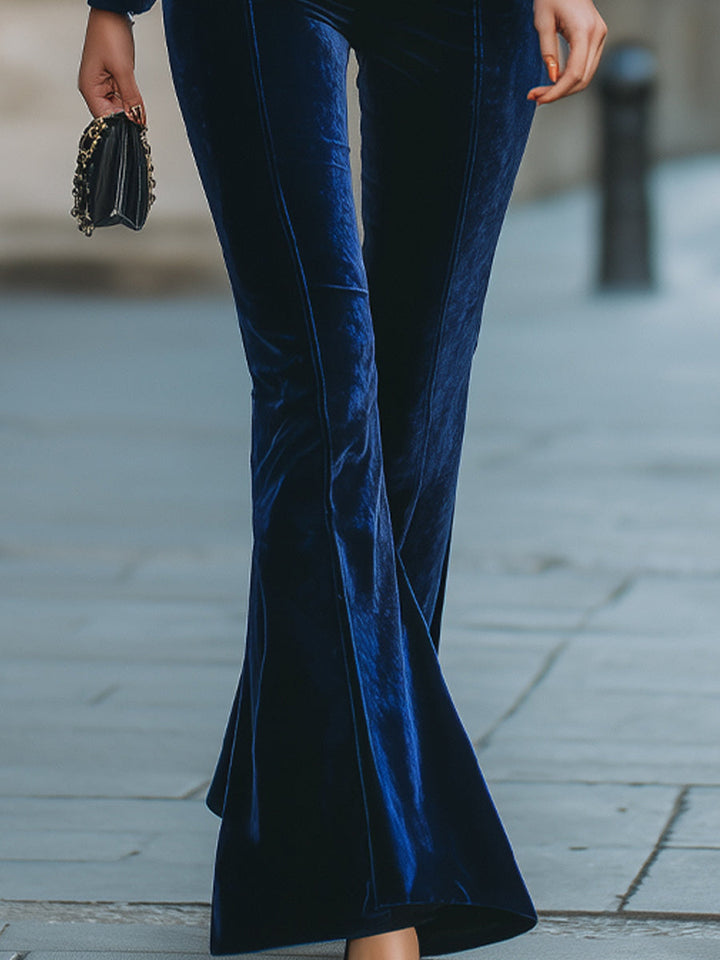 Royal Blue Velvet Blazer & Flared Pants Suit Set