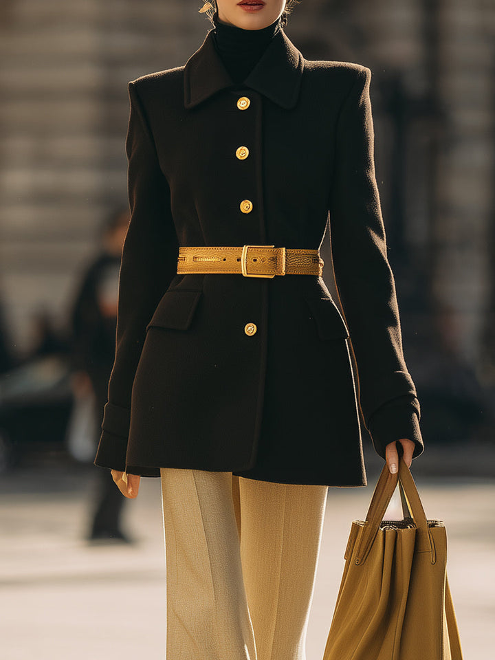Black And Beige Contrast Power Suit With Gold Accents