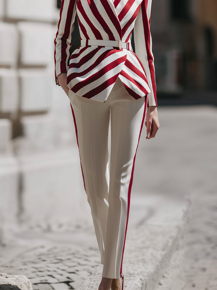 Red And White Striped Blazer And Tailored Pants Set