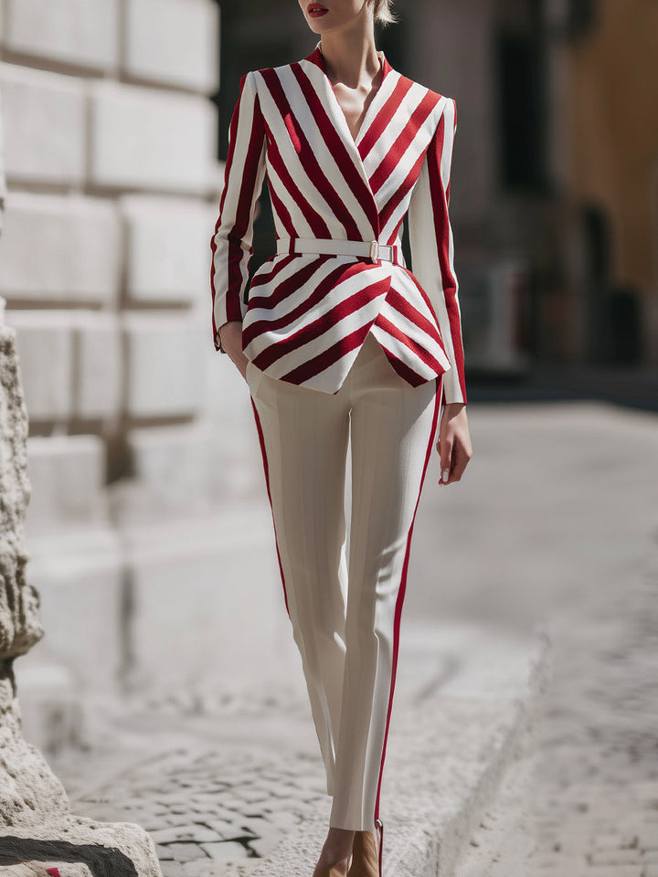 Red And White Striped Blazer And Tailored Pants Set