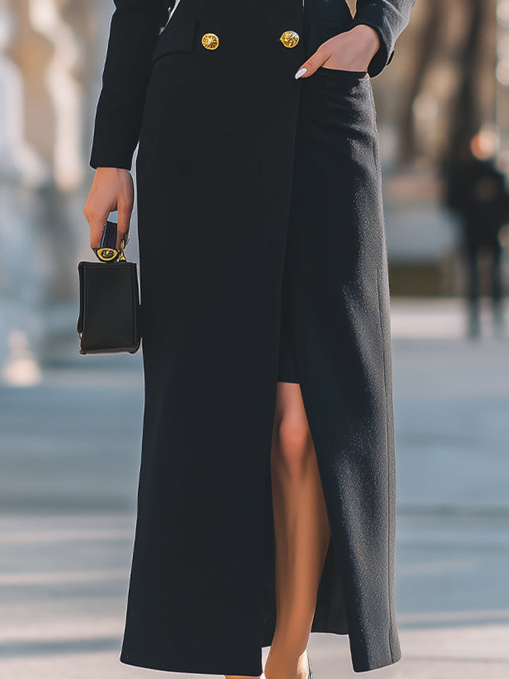 Double-Breasted Gold-Button Maxi Coat