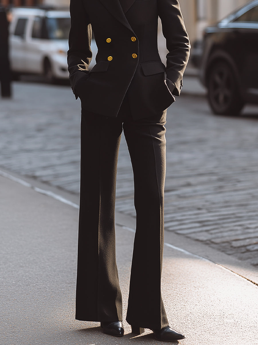 Black Double-Breasted Blazer And Wide-Leg Trousers Set