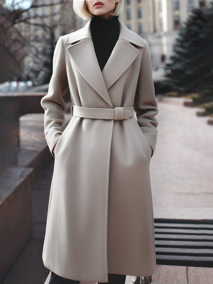 Taupe Belted Wool-Blend Coat