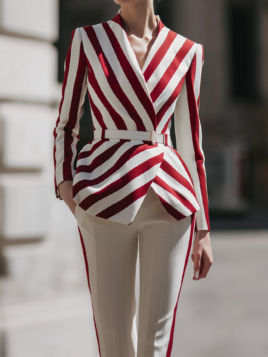 Red And White Striped Blazer And Tailored Pants Set
