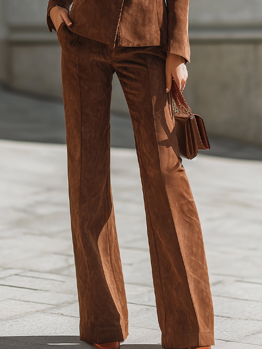 Women's Tailored Suede Blazer & Wide-Leg Pants Set