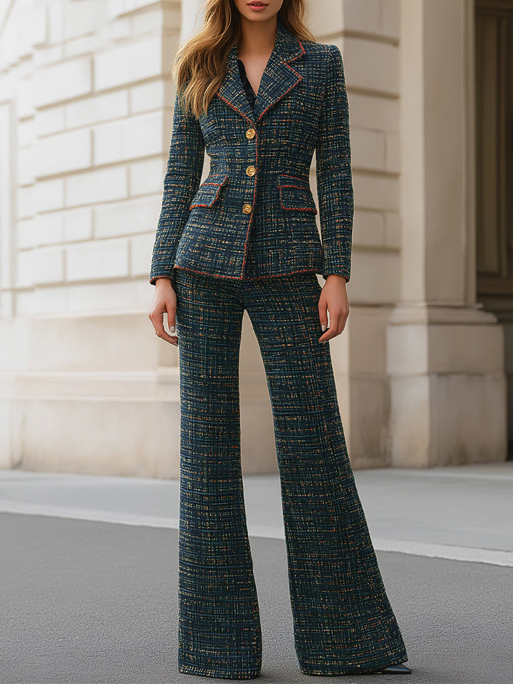 Tweed Pantsuit With Gold Button Details And Contrast Stitching