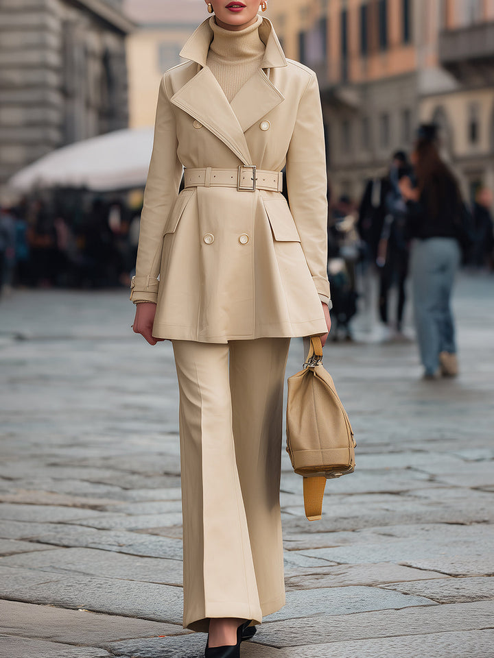 Double-Breasted Belted Trench Suit Set In Beige