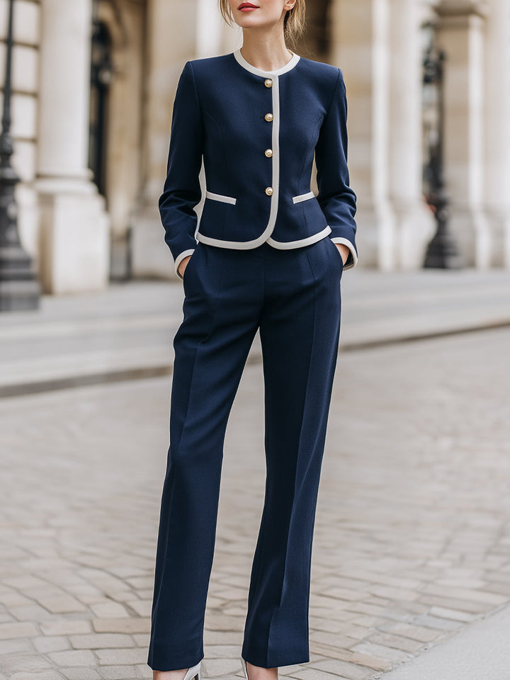 Contrast Piping Tailored Blazer And Straight-Leg Trouser Set