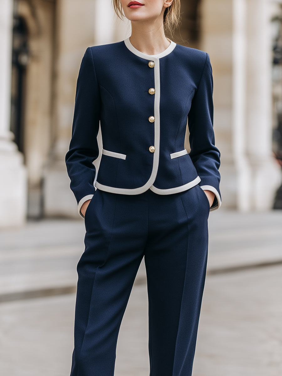 Contrast Piping Tailored Blazer And Straight-Leg Trouser Set