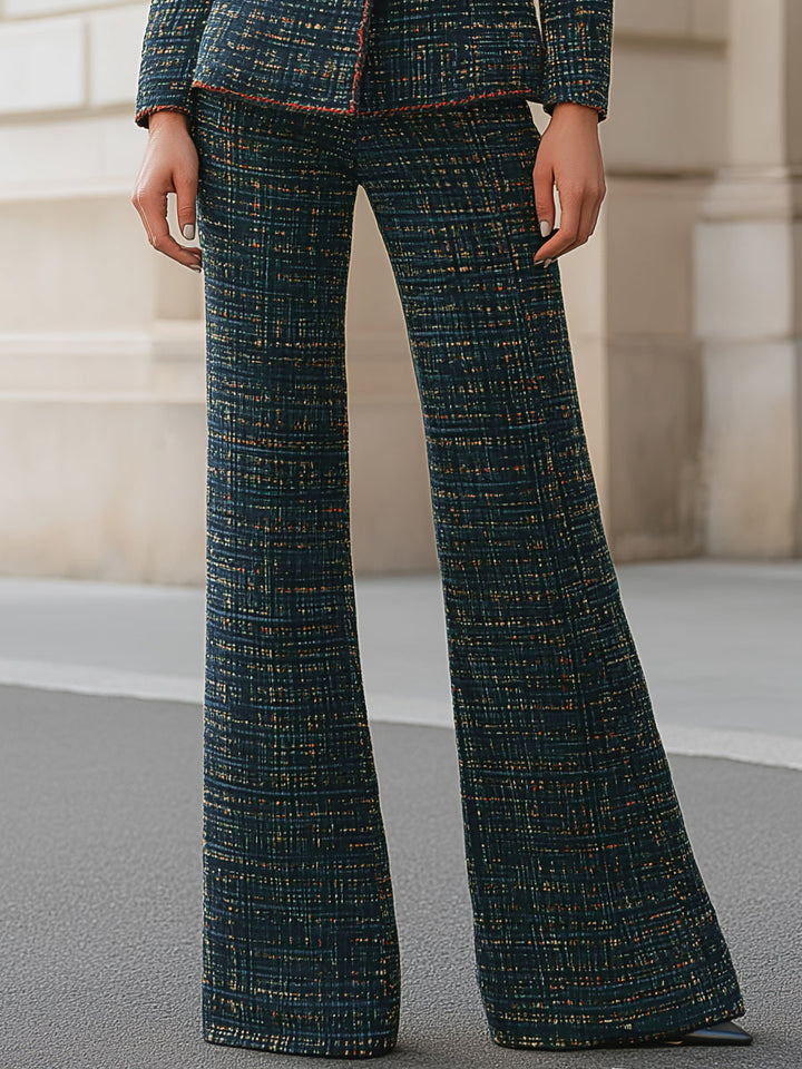 Tweed Pantsuit With Gold Button Details And Contrast Stitching