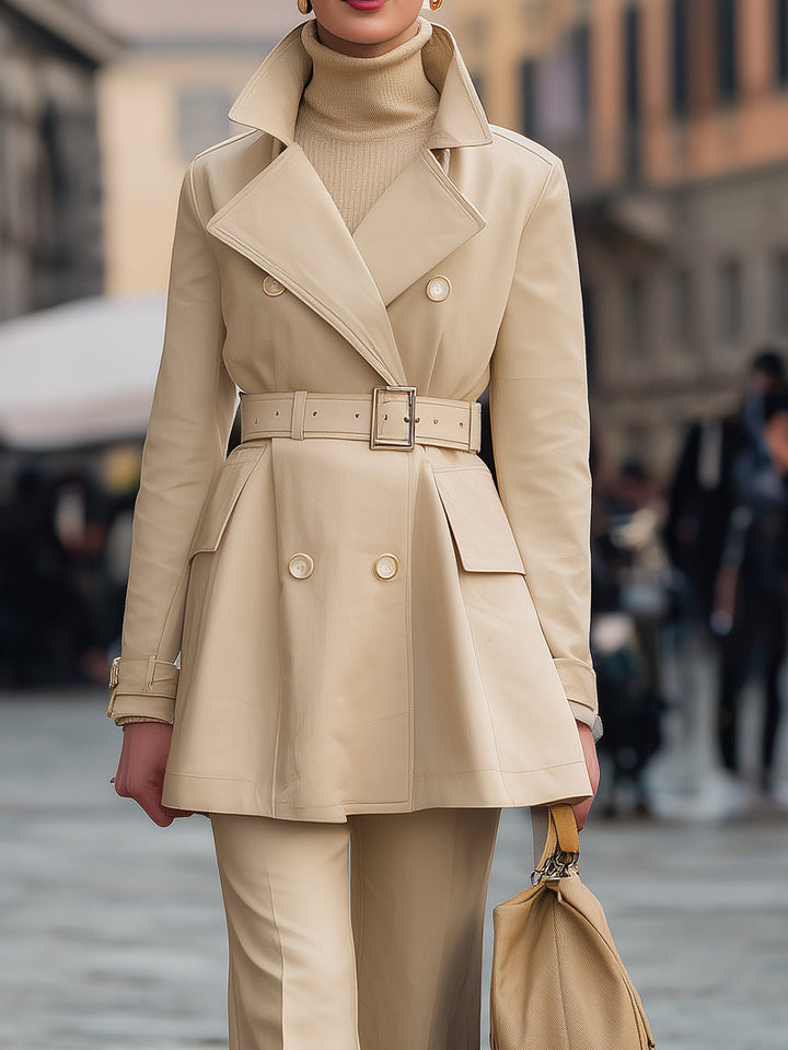 Double-Breasted Belted Trench Suit Set In Beige