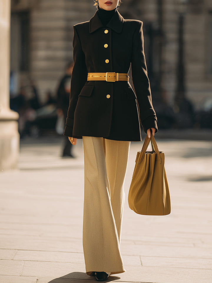 Black And Beige Contrast Power Suit With Gold Accents