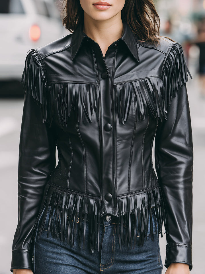 Mooyius Stylish Black Fringe  Faux Leather Jacket