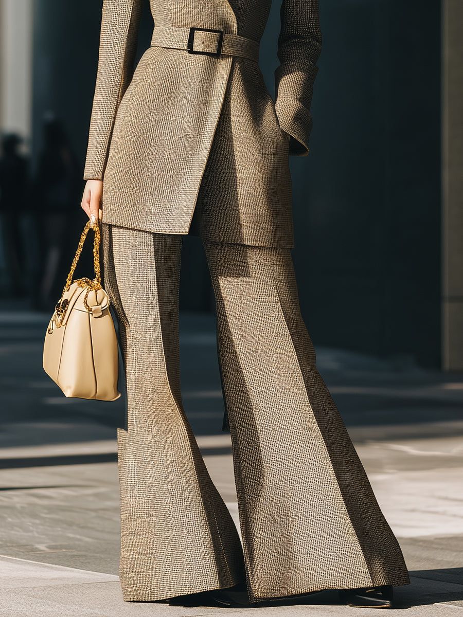 Taupe Belted Power Suit With Flared Trousers