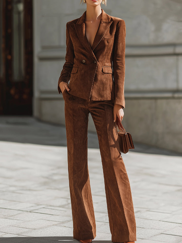 Women's Tailored Suede Blazer & Wide-Leg Pants Set