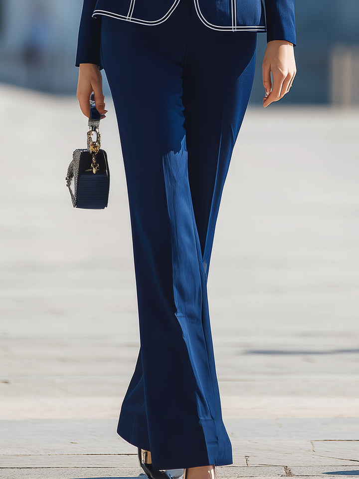 Navy Tailored Blazer And Trousers Set With Contrast Piping