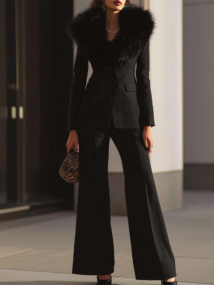 Lack Tailored Suit Set With Faux Fur Collar And Wide-Leg Trousers