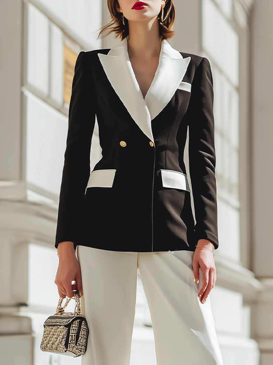 Monochrome Wide-Leg Pantsuit With Contrast Lapel Blazer
