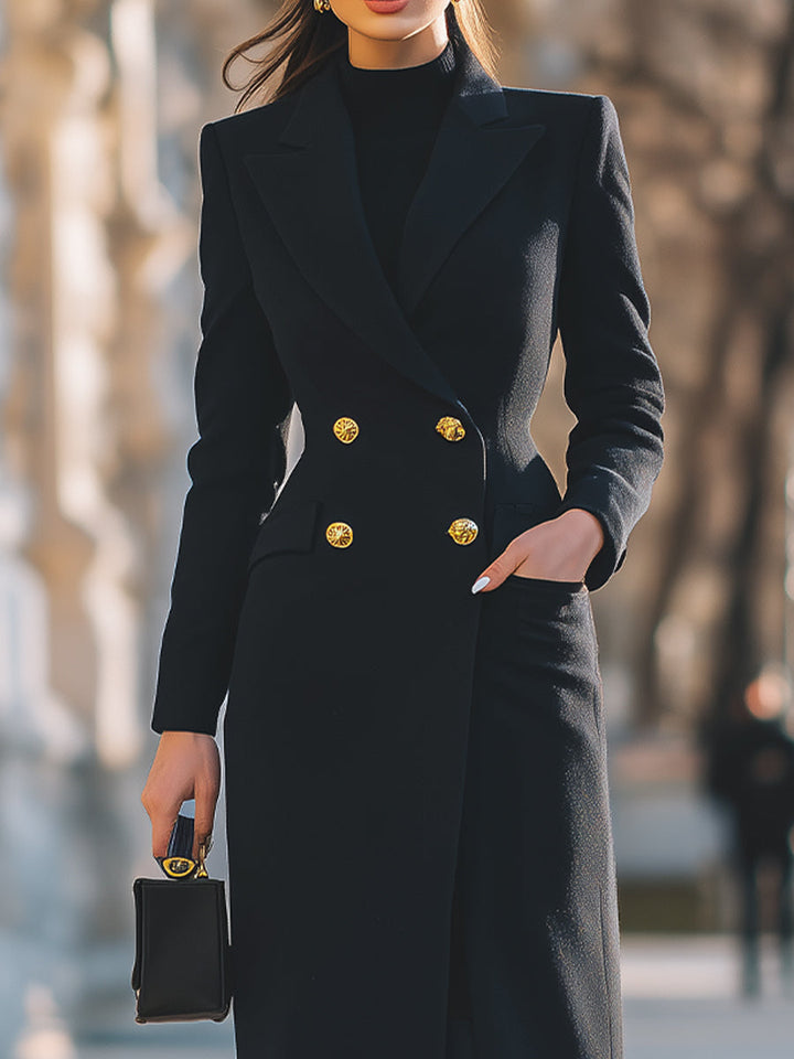 Double-Breasted Gold-Button Maxi Coat