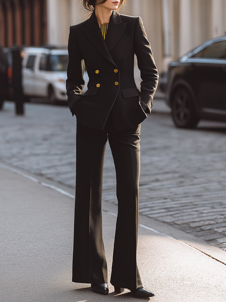 Black Double-Breasted Blazer And Wide-Leg Trousers Set