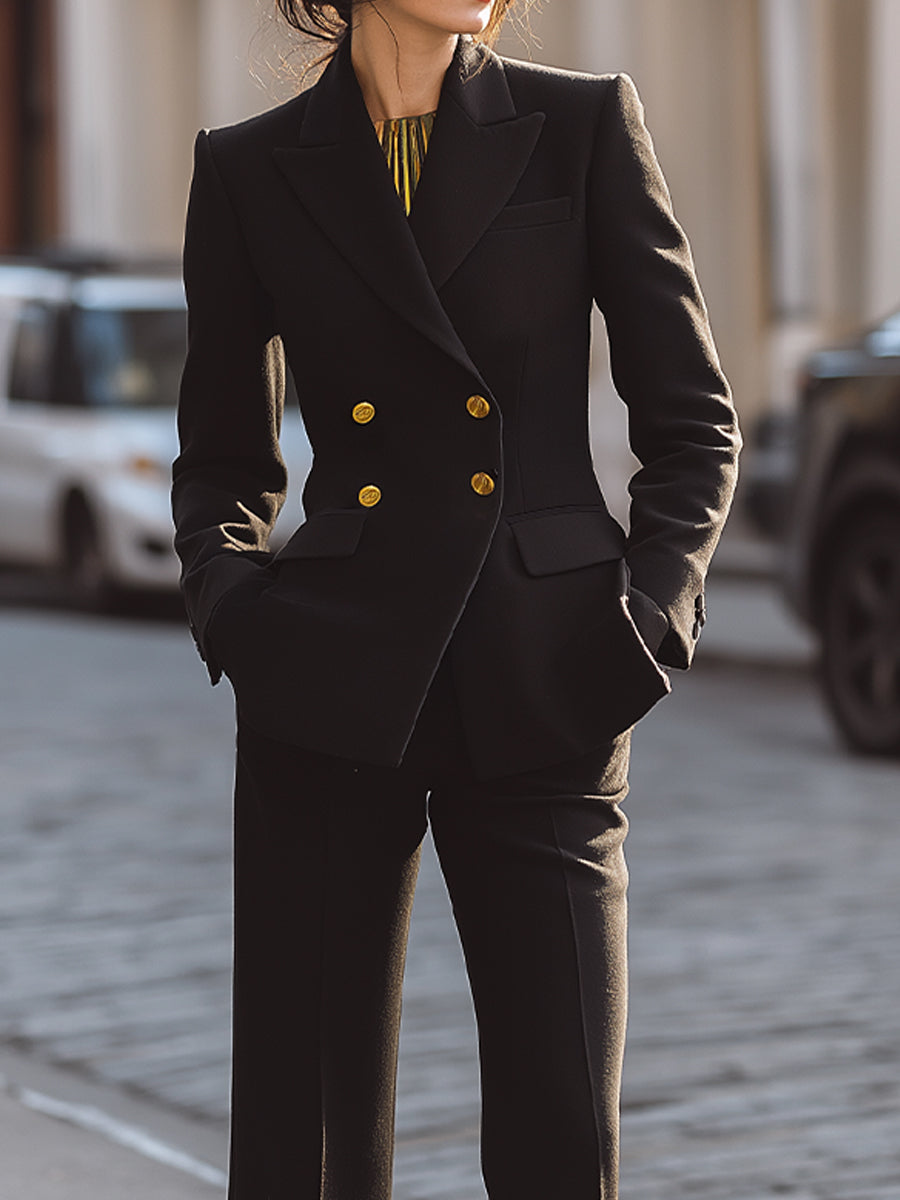 Black Double-Breasted Blazer And Wide-Leg Trousers Set
