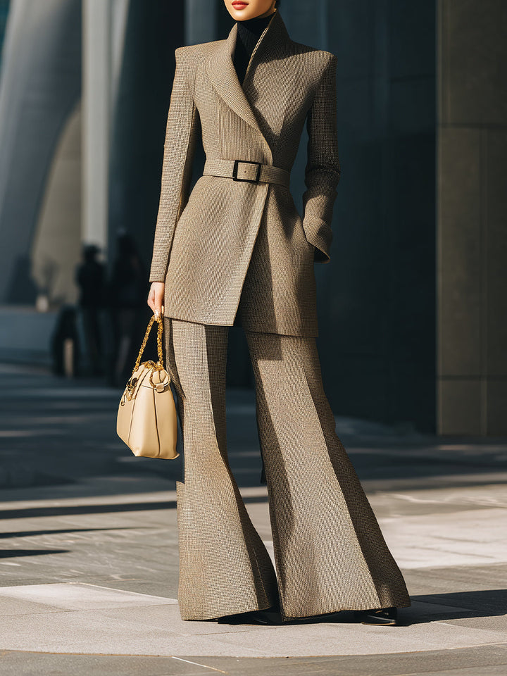 Taupe Belted Power Suit With Flared Trousers