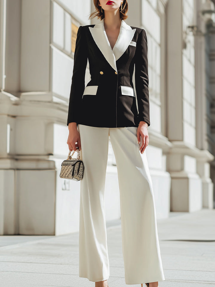 Monochrome Wide-Leg Pantsuit With Contrast Lapel Blazer