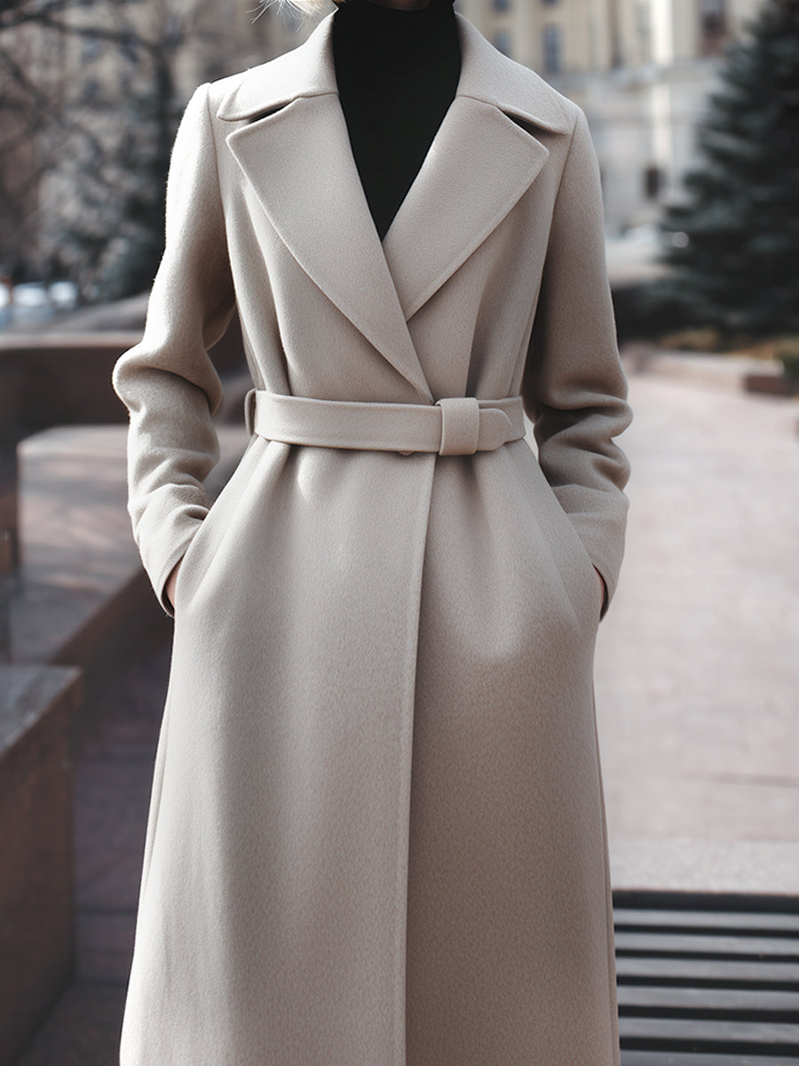 Taupe Belted Wool-Blend Coat