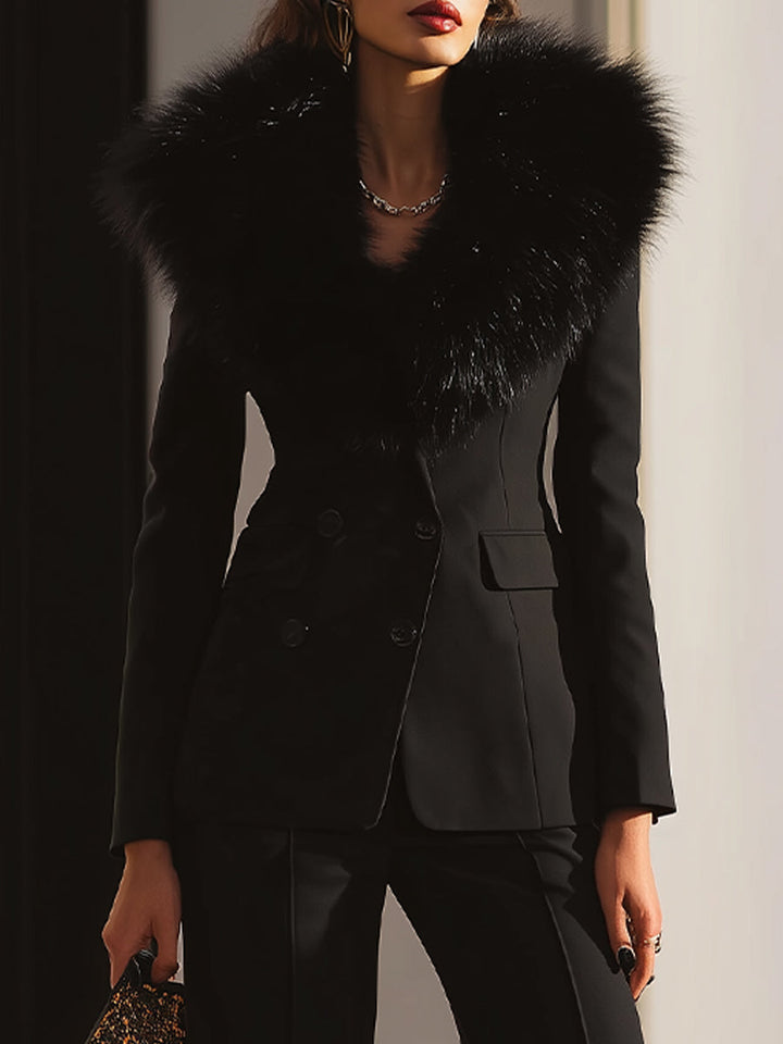 Lack Tailored Suit Set With Faux Fur Collar And Wide-Leg Trousers