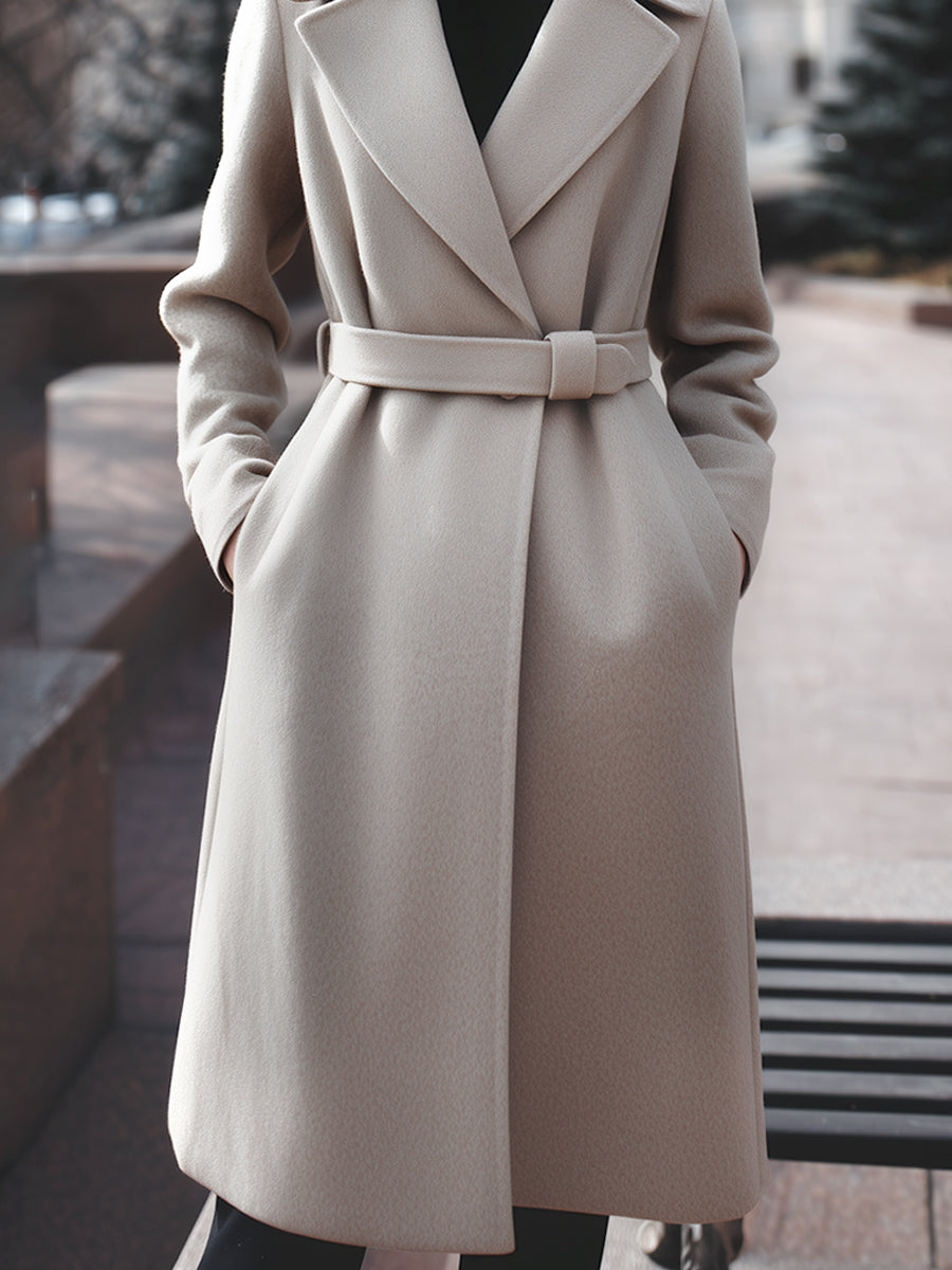 Taupe Belted Wool-Blend Coat